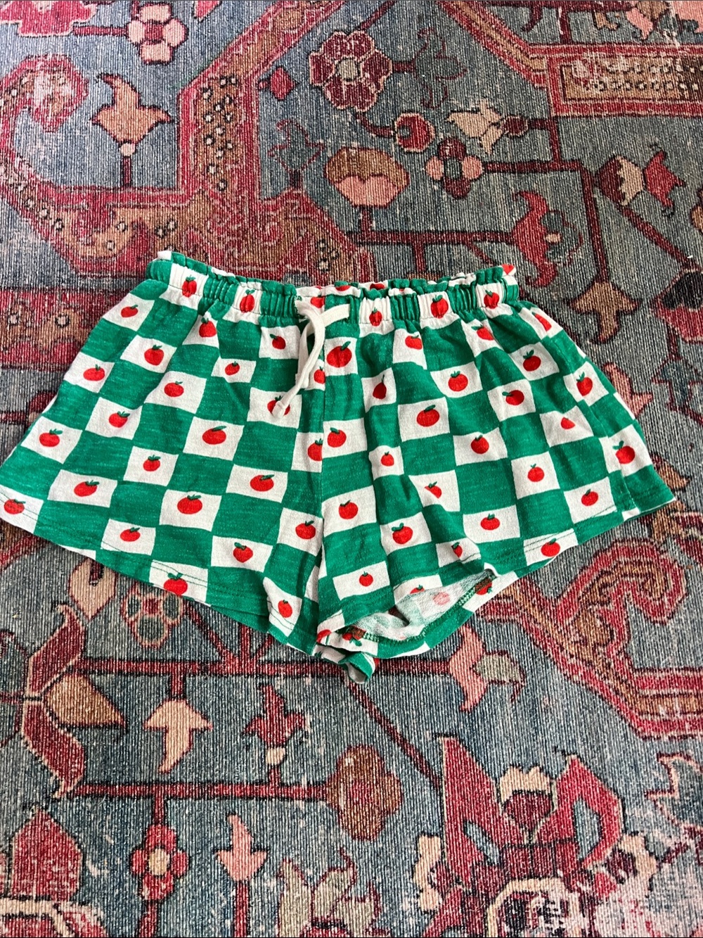 Bobo Choses Green and White Checker Shorts with Red tomato Motif